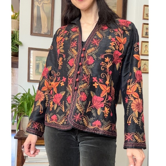 Norm Thompson Jackets & Blazers - Norm Thompson Womens Silk Embroidered Floral Jacket Black Mandarin Collar Size M